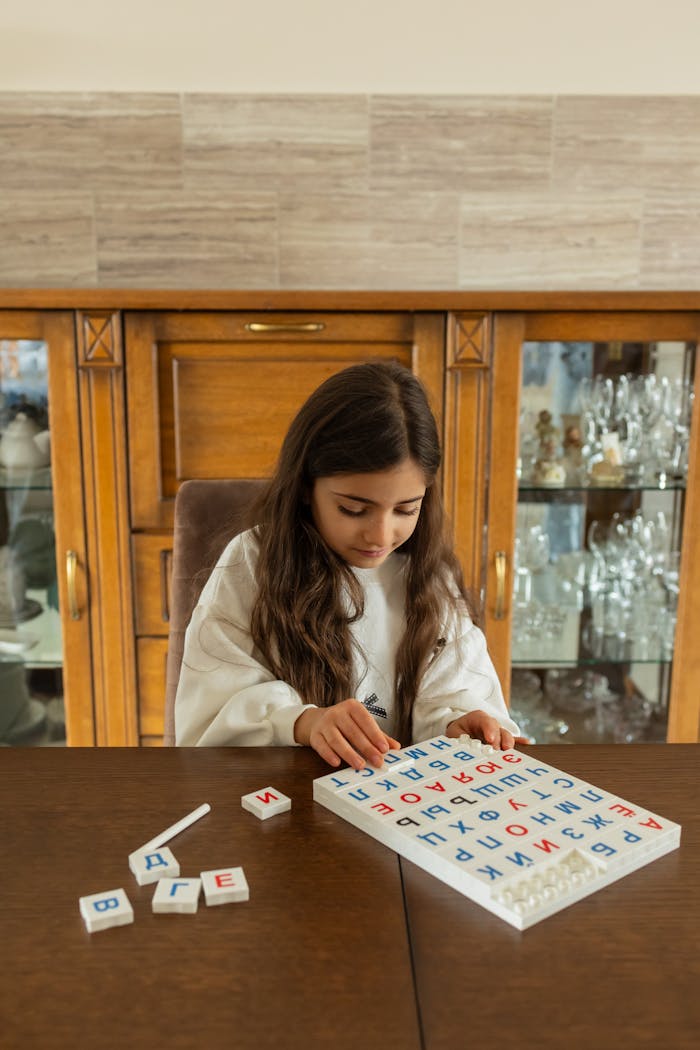 A young girl focuses on a learning activity using an alphabet board indoors.